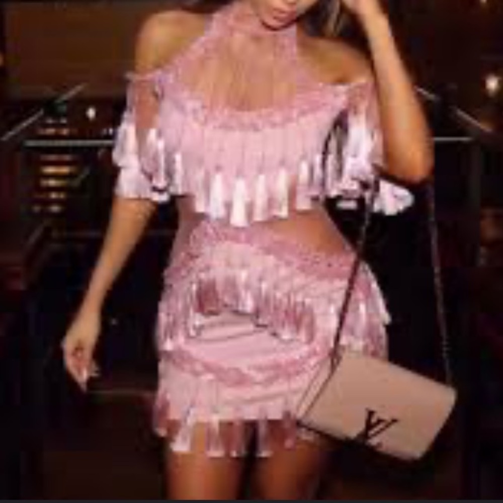 Pink Fringe Halter Dress